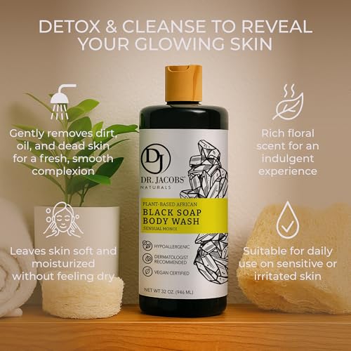 African Black Liquid Soap with Monoi Scent - All-In-One Body Wash, Shampoo & Shaving Soap | 16oz Pack of 2