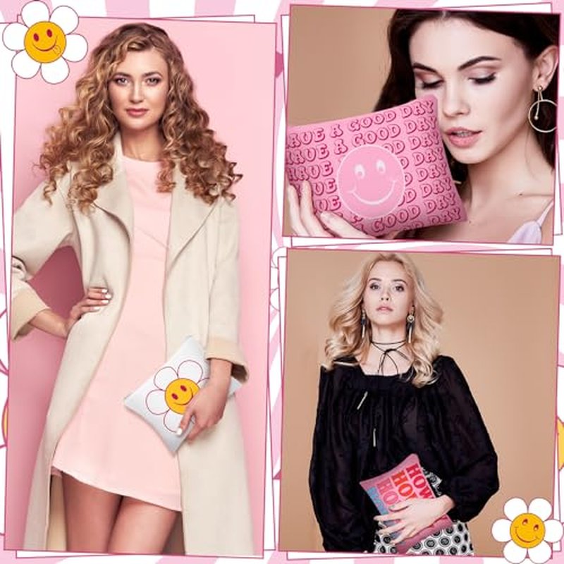 Kajaia 12 Pcs Preppy Makeup Bag with Zipper Pink Christmas Preppy Gift Cute Large Smile Face Cosmetic Bag Portable Travel Toiletry Accessories for Women