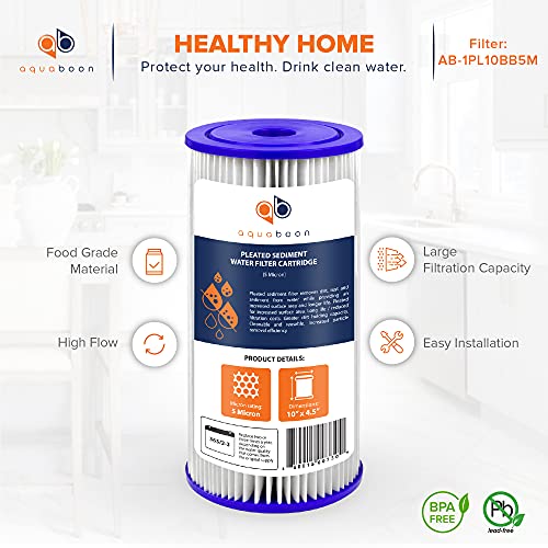 Aquaboon 5 Micron 10x4.5 Pleated Sediment Water Filter Cartridge 10-Pack - Whole House Filtration