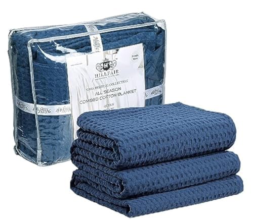Oversized King Cotton Blanket - 120x120 Inches Blue - Soft Breathable Waffle Bed Cover
