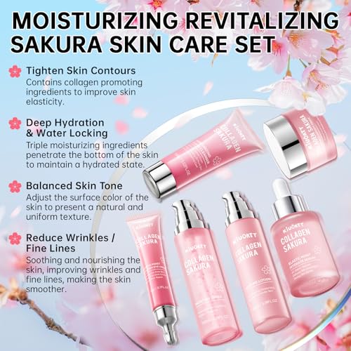 6Pcs Sakura Skin Care Set - Cherry Blossom Face Cleanser, Serum, Toner, Lotion, Eye & Face Cream