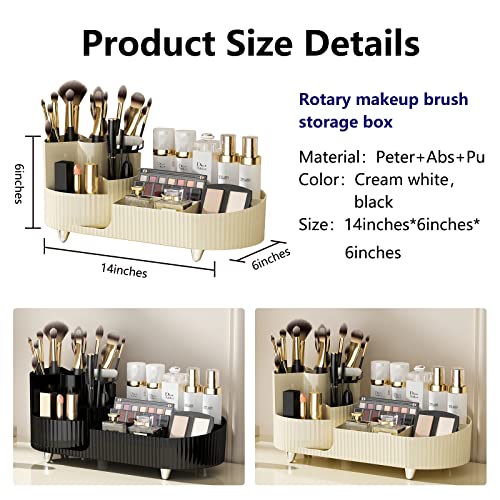 DASITON Large Capacity Makeup Brush Holder,360¡Æ Rotating Makeup Organizer,9 Slot Makeup Brushes Cup,for Vanity Decor,Bathroom Countertops,Desk Storage Container,Cosmetic Display cases(Cream-L)