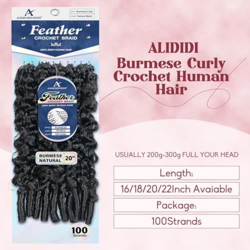 Alididi Mini Knots Burmese Curly Crochet Human Hair 18 Inch, 100 Strands, Knotless & Reusable