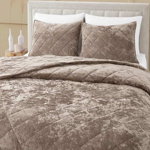 Light Brown Queen Velvet Quilt Set with Diamond Stitch Pattern - All-Season Bedding