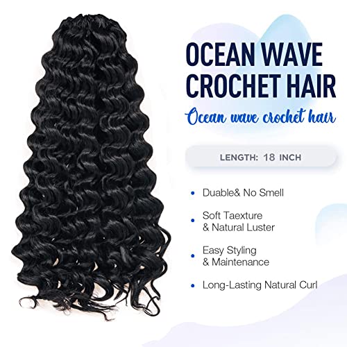 Ocean Wave Crochet Hair - 18 Inch 8 Packs Natural Black Deep Wave Synthetic Extensions - Variation 1B/18 Inch