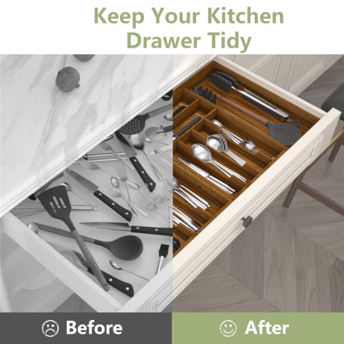 Extra Large Silverware Drawer Organizer - Expandable Acacia Wood, Brown / 22-37 Inches