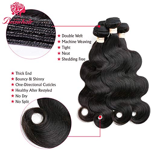 Beauhair Brazilian Body Wave Virgin Human Hair Bundles with 14x4 Lace Closure – 14, 16, 18 Inch, Natural Black