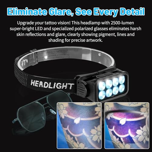 Rechargeable LED Headlamp with Motion Sensor & Polarized Glasses for Tattoo Artists - 2500 Lumens - 1 Headlamp