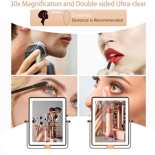 FASCINATE 5000mAh Rechargeable Wall Mounted Makeup Mirror, 8.7" Double Sided Touch Switch 1X 30X Rectangle Wall Mounted Magnifying Mirror with Light, 3 Color Setting, Extended Arm 360¡Æ Foldable Bronze