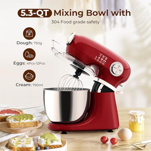 Electactic 5.3 Quart Electric Stand Mixer with 12 Speeds - Red