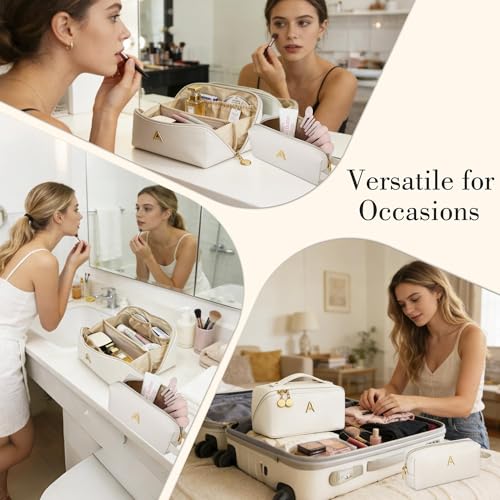KKXIU Initial Makeup Bag for Women - Personalized Beige Gift
