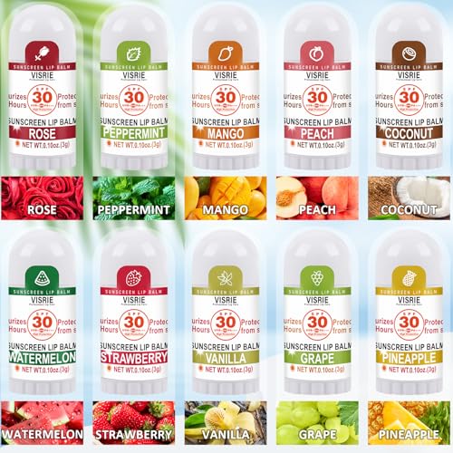 SPF 30 Sunscreen Lip Balm, SPF Lip Balm Bulk 20 Count, Broad Spectrum UVA/UVB Lip Sunscreen with Vitamin E and Coconut Oil- 10 Flavors