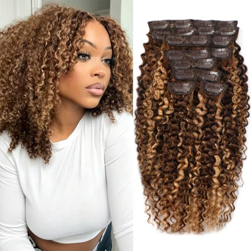 Nsukat JC 4/27 Kinky Curly Clip-In Hair Extensions 14 Inch, Brazilian Remy, 8pcs, 110g, Full Head, Real Human Hair