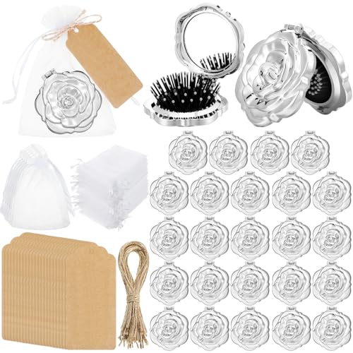 Silver Rose Compact Mirror with Brush Bulk Set - Wedding & Party Favors