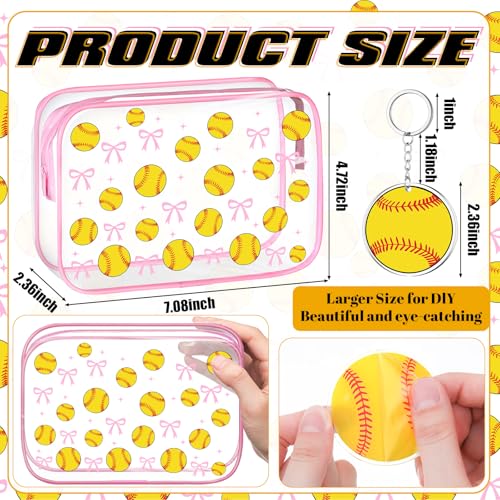 Kacctyen 12 Set Soccer/Softball/volleyball Team Gifts Bulk-12 Sports Pink Bow Makeup Bag with 12 Acrylic Ball Keychain for Woman Team Gifts Birthday Decorations Supplies(Softball)