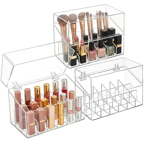 Foraineam 3 Pack Lipstick Holder Organizer with Lid, 18 Spaces Clear Acrylic Lipstick Display Stand Container, Dust-proof Beauty Makeup Storage Case for Cosmetic Dresser Vanity Cabinet Display