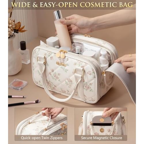 Travel Makeup Bag, Large Capacity Quilted Toiletry Bag for Women Stand-up Cosmetic Bag Open Flat Make Up Case Organizer Portable Pouch Purse w/Handle for Traveling Accessories Beige Floral