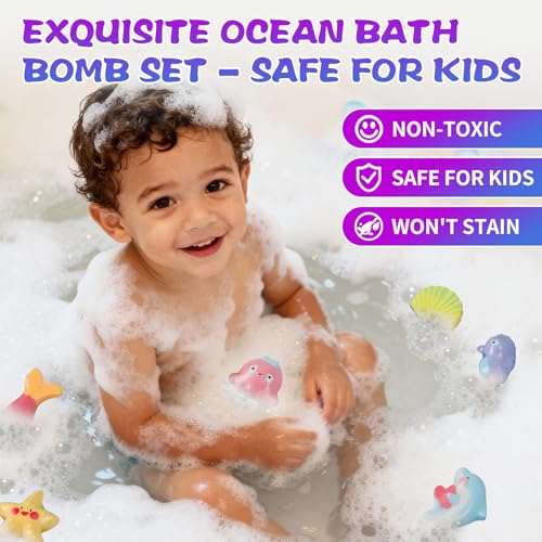 Giant Mermaid Bath Bombs for Kids - 6 Pack with Surprises, Vibrant Colors & Long-Lasting Bubbles - Sea Animals Variation