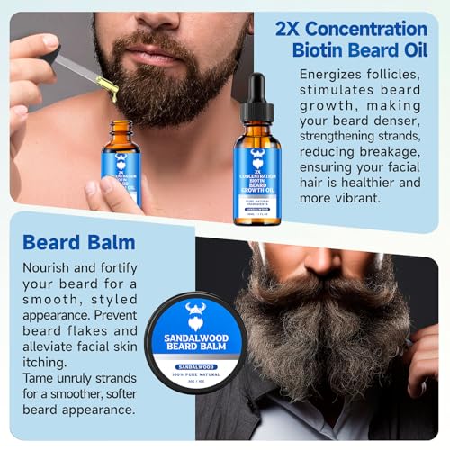 Beard Growth Oil & Beard Balm - Beard Growth Kit with 2X Concentration Biotin for Men, Natural Ingredients with Argan Oil, Jojoba Oil and Vitamin (Sandalwood)