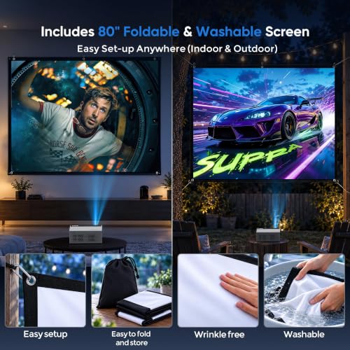 TMY Native 1080P Mini Portable Projector with 80-Inch Foldable Screen - Black