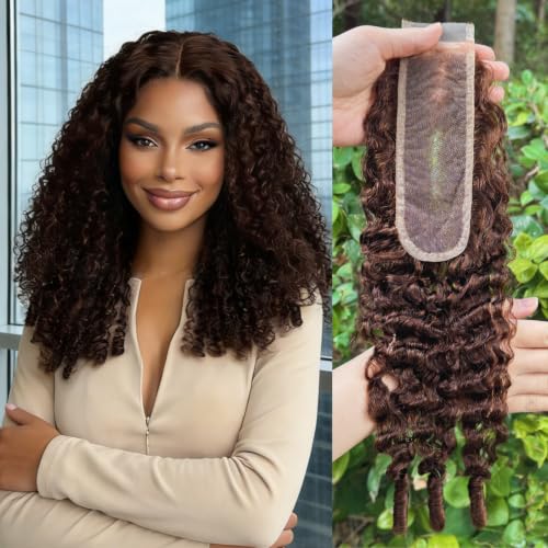 ALHER 10-Inch Chocolate Brown Burmese Curly Human Hair Closure 2x6 HD Lace