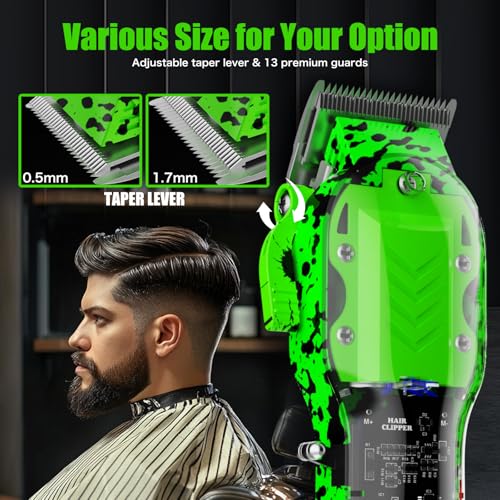 Professional Hair Clippers for Men, Cordless Barber kit for Hair Cutting & Grooming, Hair Clippers Set for Barber Haircut with LED Display 8 Fade Taper Combs(Green)