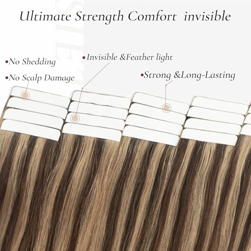 22 Inch Tape-In Hair Extensions Human Hair #4/27 Chocolate Brown Highlighted Caramel Blonde - Reusable Remy Thick Natural