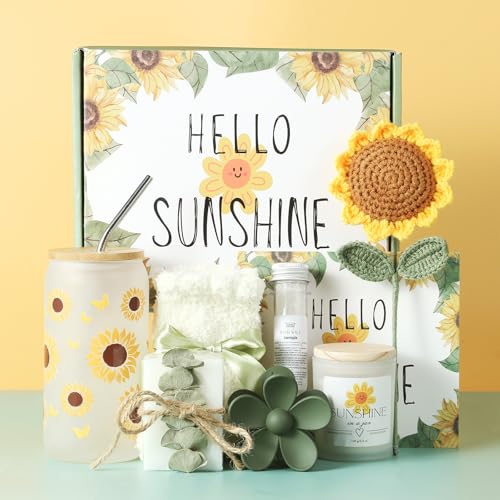 Self Care Gift Basket for Women Sunflower Spa Set with Candle & Handmade Soaps
