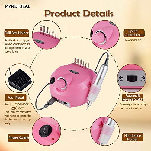 MPNETDEAL Electric Nail Drill Efile Professional Nail Drill Machine 30000RPM Tools for Acrylics Nails Natural Nails with Foot Pedal Ideal for Gel Nail at Home use or Nail Salon (Pink)