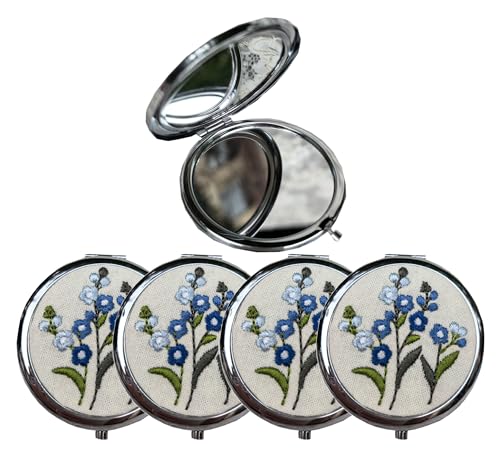 Leimandy Blue ForgetMeNot 4-Pack Embroidered Compact Mirrors – Double-Sided 1x/2x Magnification, Foldable Pocket Makeup Mirrors