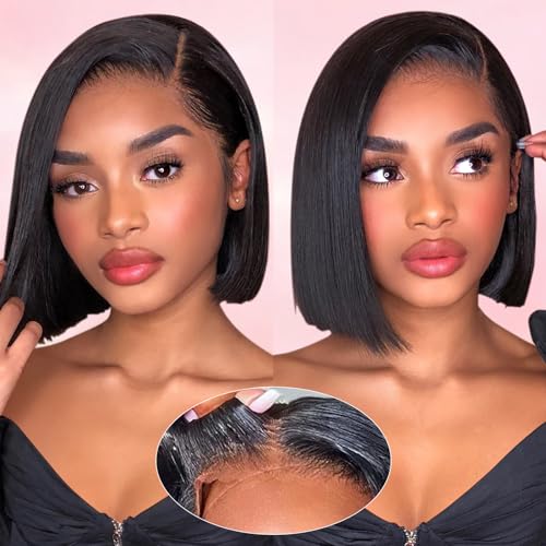 AISI Bob Wig Human Hair Glueless Wigs Human Hair Pre Plucked Pre Cut 4x4 HD Lace Front Put On and Go Glueless Wigs Human Hair 180% Density Short Straight Bob Wigs for Black Women 8 inch
