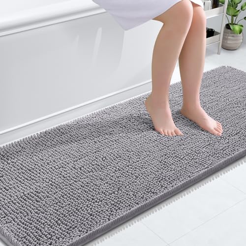 OLANLY 70x24 Inch Bathroom Runner Rug - Grey Chenille Absorbent Non-Slip Bath Mat