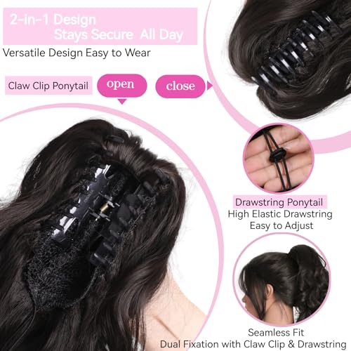 26 Inch Claw Clip Ponytail Extension with Drawstring - Black Brown