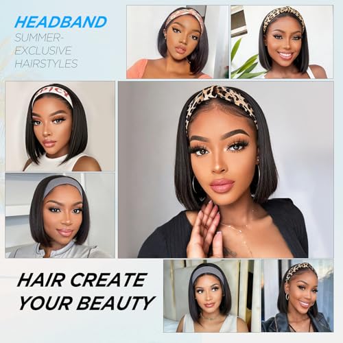 AISI 10In Headband Bob Wig Human Hair No Lace Glueless with Leopard Headband