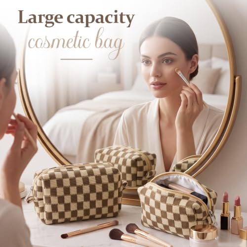 Gilprop 12 Pcs Checkered Makeup Bags Small Cosmetic Pouches Brown Set