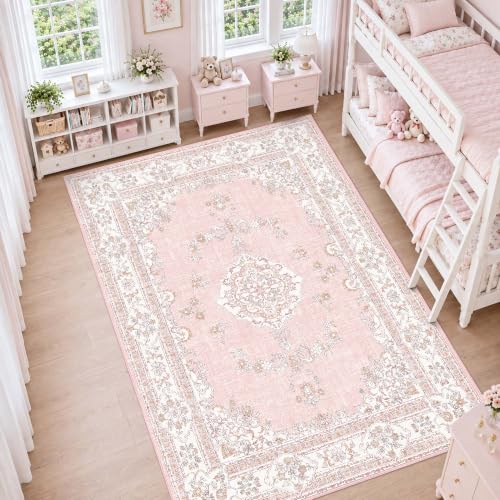 Pink Vintage 5x8 Washable Area Rug for Bedroom Girls - Soft & Stain-Resistant