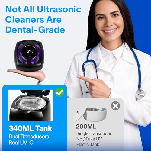 Ovatt Ultrasonic Retainer Cleaner 45kHz with UV Light, 340ML Large Capacity Dental Pod for Aligners and Dentures
