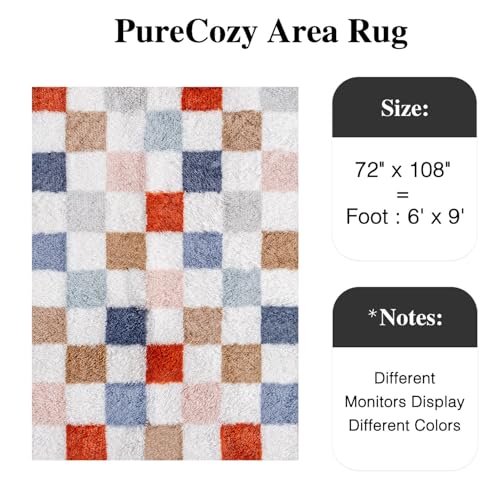 Rainbow Checkered Area Rug 6x9 ft Fluffy Shag Carpet for Living Room