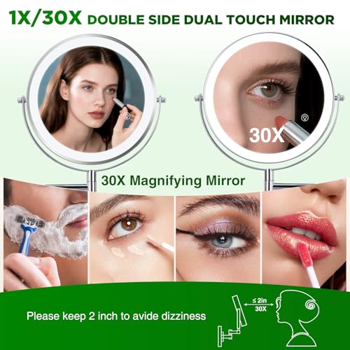 Chrome-Light 30X Wall Mounted Makeup Mirror Double Sided with Adjustable Lighting