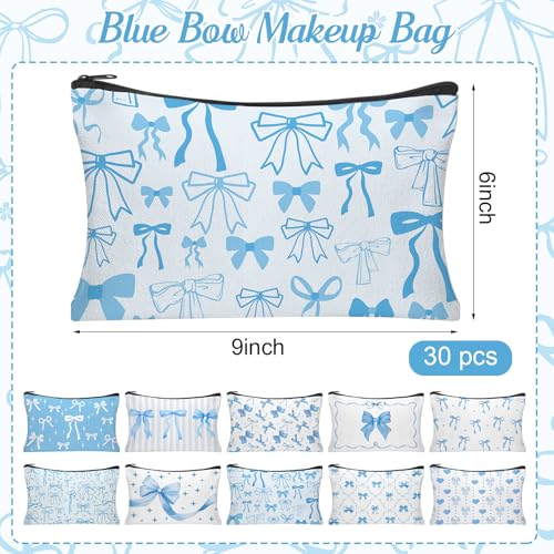 Blue Bow Makeup Bag Set - 30 Women Cosmetic Pouches for Travel & Gifts