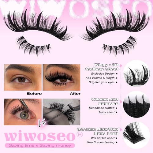 wiwoseo Spiky Lash Clusters with Bottom Lashes Clusters Kit Volume Lash Spikes Cluster Eyelash Extensions Kit Mink Eyelash Clusters Spiky Cluster Lashes Clusters with Bond and Seal(Bottom+Spikes+100D)
