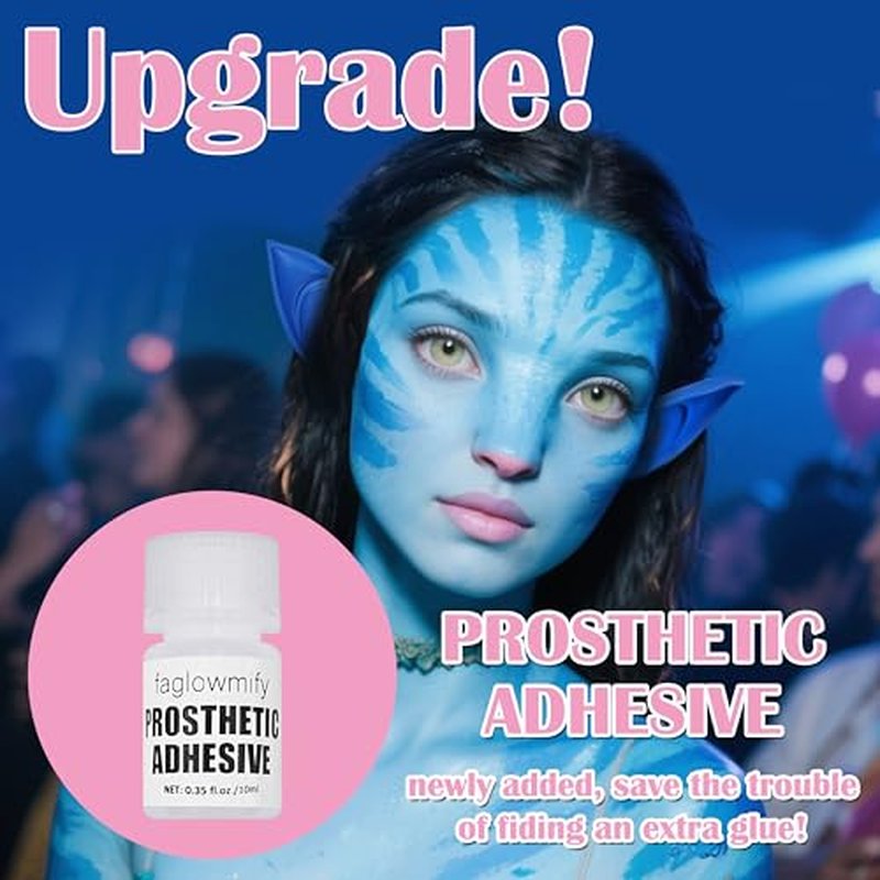 8pcs Avatar Makeup Kit,Navy Blue White Face Paint, Royal Blue Face Paint for Smurf Mystique Cosplay,Lip Gloss,White UV Eyeliner, Short Elf Ears,Single Eyeshadow,Halloween Body Paint Set with 2 Sponges