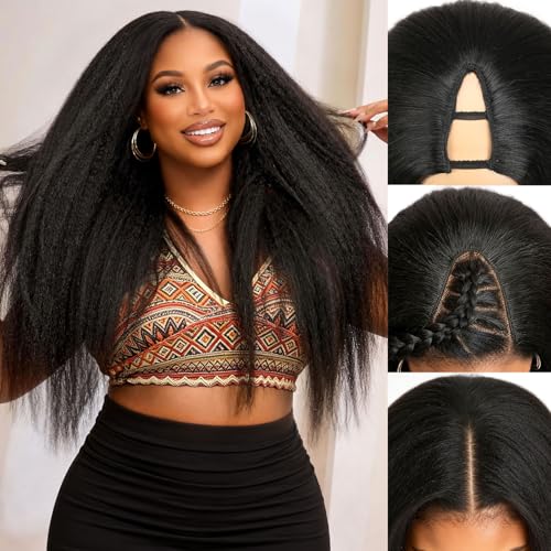 Kinky Straight V Part Wig for Black Women - Synthetic Half Wig, No Glue, Protective Style