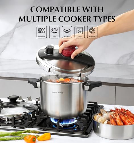 6.3 Quart Stainless Steel Pressure Cooker with Glass Lid & Steamer - Easy One-Hand Lock, Induction Compatible