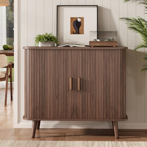 OneBlis Walnut 31.5-Inch Fluted Sideboard Buffet with Sliding Tambour Door