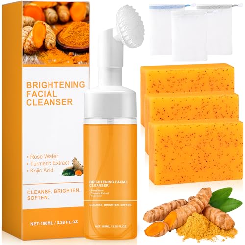 Turmeric Wash and Care Two Piece Set, Tuemeric Cleansing Mousse Face Wash and Soap Bundle for Face & Body, Daily Facial Cleanser & Soap Combo, Deep Cleansing
