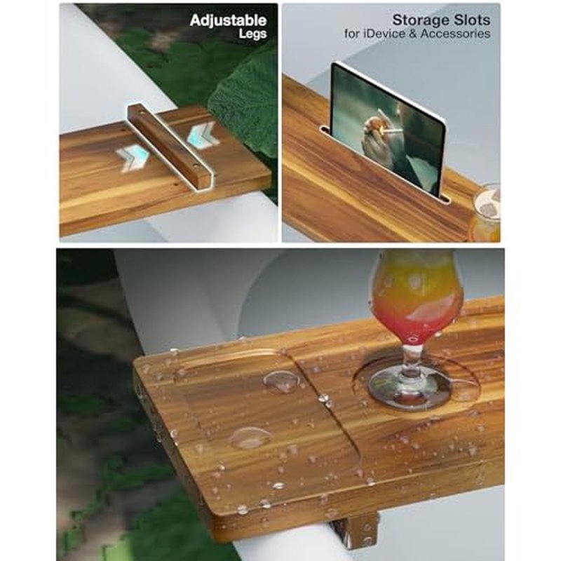 Bathtub Tray, Acacia Bath Tray for Tub, 34.6''x9'' Wooden Bathtub Caddy Tray with Adjustable Legs Fit Various Bathtubs, Anti-Tipping, Sustainable Bath Table with Wine Glass and Tablet Holder