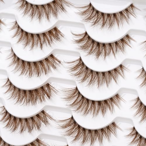 EMEDA Brown Lashes 14mm Natural Light Brown False Eyelashes Clear Band 14 Pairs Faux 3D Mink False Eyelashes Natural Looking Fluffy Cat Eye Wispy Strip Lashes Pack by EMEDA (ZH01-BROWN£©