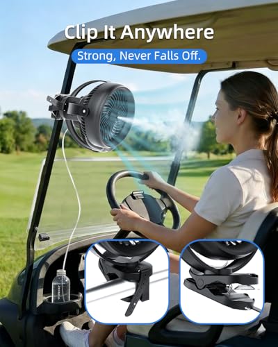 Black Portable Misting Fan with Clip 20000mAh Battery for Golf, Camping