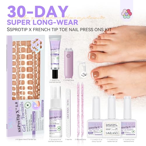 Press On Toenails Kit - Brown French Tips, 216 Pcs, Complete Pedicure Set
